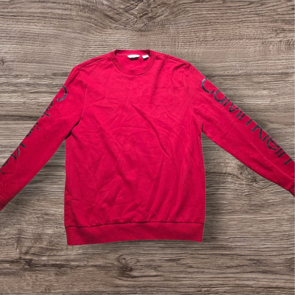 Calvin Klein Crewneck Sweatshirt Logo Sleeve Pullover Red Mens Size L‎